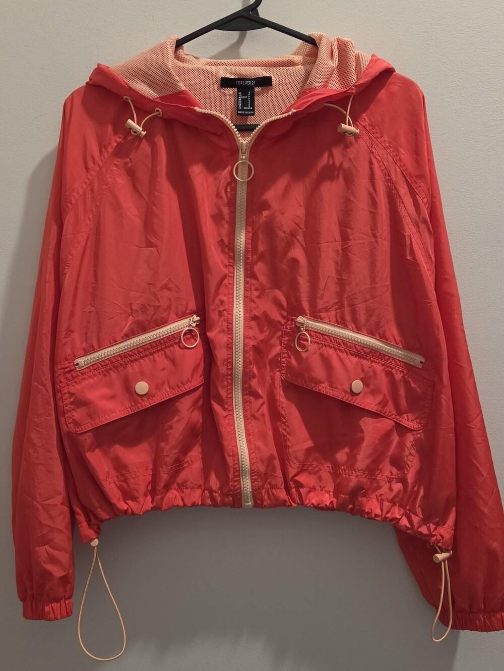 Y2K Forever 21 Coral Red Cropped Windbreaker Jacket Hooded Zip Up